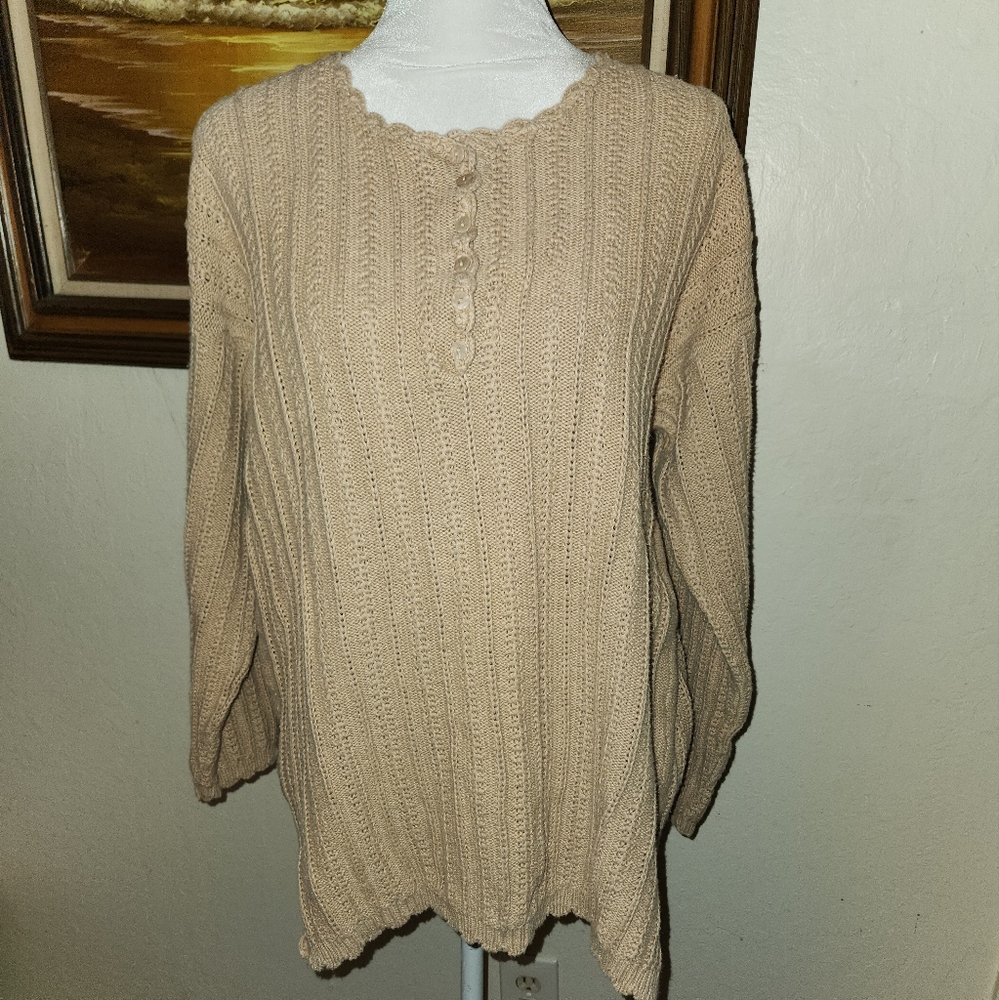 Vintage Ramie Cotton 1980s Oversized Beige Long-Sleeve Henley Sweater Mervyns